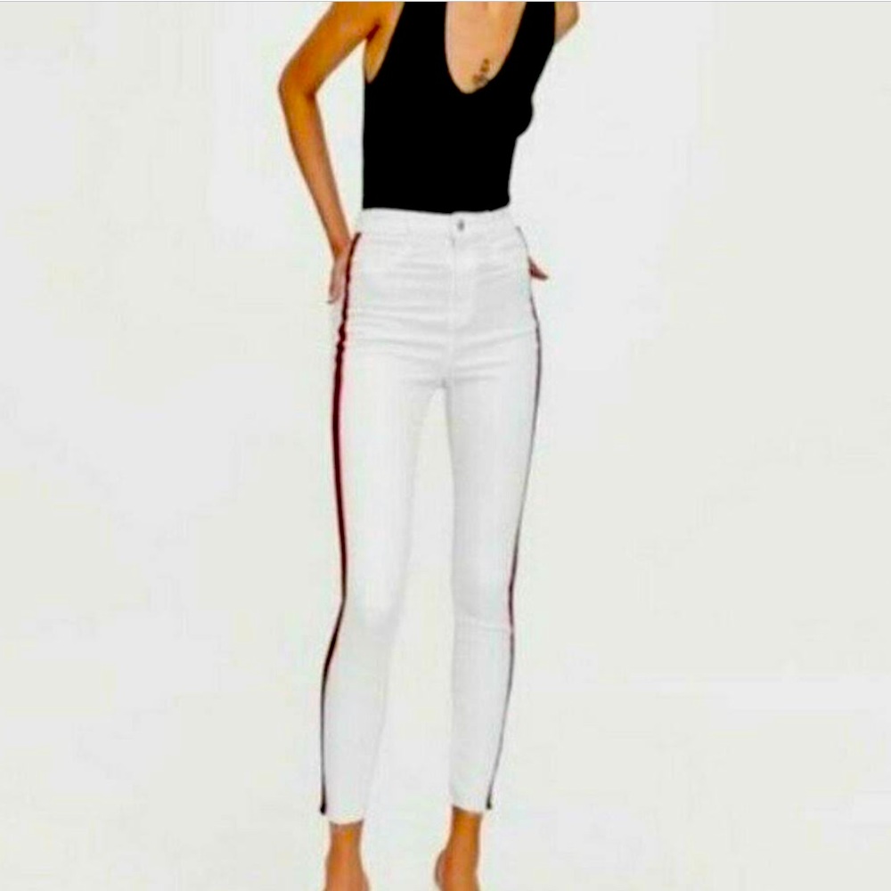 Zara trafaluca  white stripe denim.  Shaper denim unfinished hem.